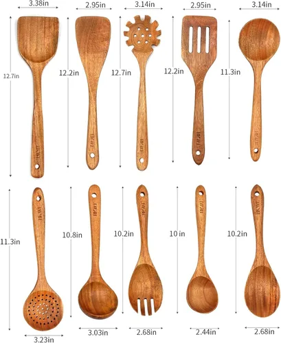 Vista 2 de Juego de 10 utensilios de cocina de madera para cocinar, cucharas de madera y espátula (10)