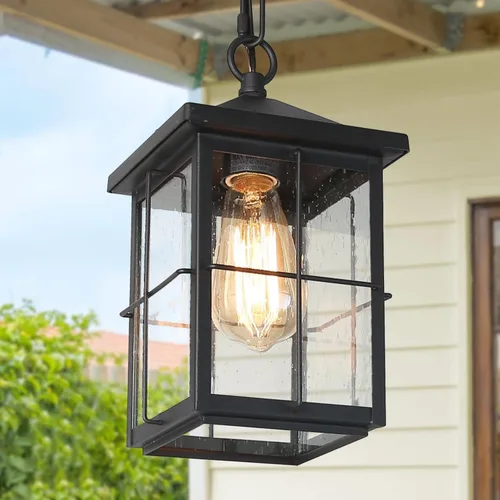 Vista 15 de Lámpara colgante para exteriores, luces colgantes antioxidantes exteriores de granja, luz de techo negra para exteriores con vidrio sembrado Negro