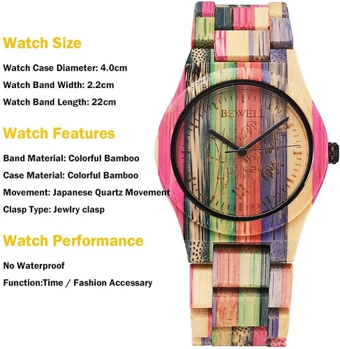 Vista 3 de Reloj de madera hecho a mano Reloj de madera de bambú colorido natural reloj de pulsera analógico de cuarzo rosa rojo