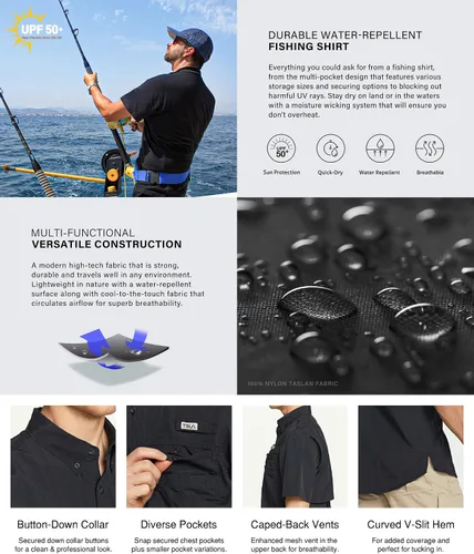 Vista 7 de TSLA Camisa de pesca de alto rendimiento para hombre, camisa transpirable con botones UPF 50+, camisa de manga corta para recreación al aire libre