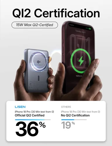 Vista 11 de Cargador portátil magnético para iPhone 18 [certificado Qi2] Magsafe Power Gris-oscuro