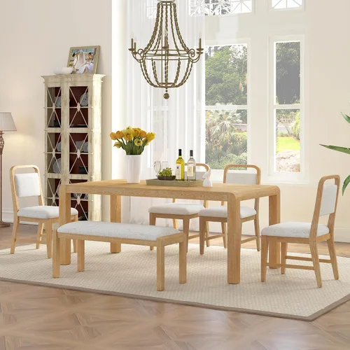 Vista 26 de JIVOIT Farmhouse 6 Piece Dining Table Set, Counter Height Table Set with 4 Chairs and a Bench, Rubber Wood Expandable Bar Table Set with Rivet Gris-3