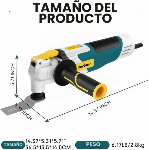 Vista 9 de Enventor Sierra multiherramienta, sierra oscilante eléctrica con 43 accesorios, mango auxiliar, máximo 22,000 OPM, 6 velocidades variables, ángulo