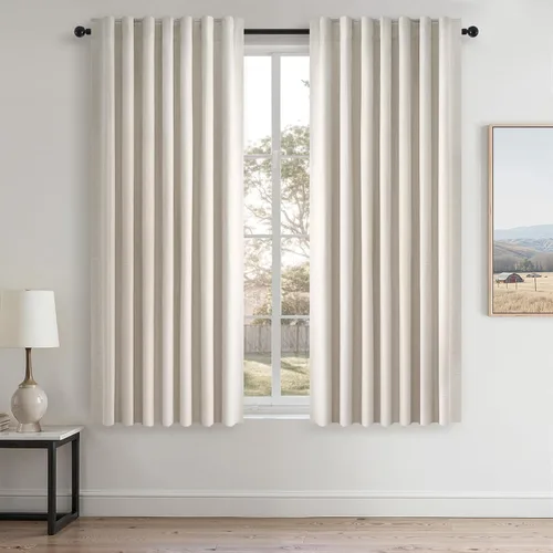 Vista 68 de Topfinel cortinas opacas de lino beige y blanco de 63 pulgadas de largo, 2 paneles para ventana pequeña, estilo natural de abedul bohemio y rústico