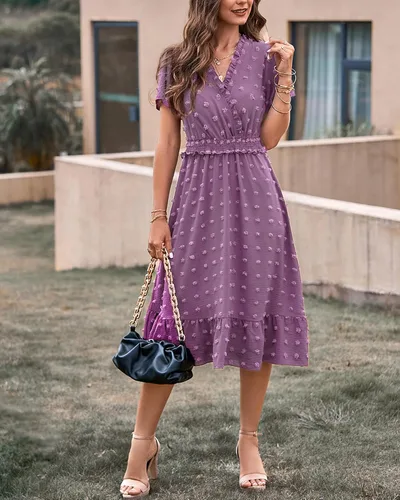Vista 2 de BTFBM Elegantes vestidos de verano de manga corta con cuello en V y lunares suizos para mujer, vestidos largos bohemios con volantes 2023, vestido