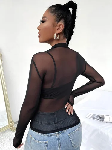 Vista 2 de Floerns Top transparente de manga larga con brasier para mujer