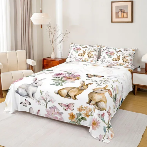 Vista 3 de Erosebridal Juego de sábanas de conejo de Pascua, tamaño individual, juego de sábanas de flores de primavera para niñas, mujeres, niños