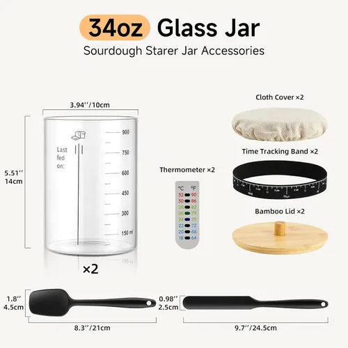 Vista 5 de HomeFeel Tarro Premium para Masa Madre - Tarro de Vidrio Grande de 34 Oz con Tapa de Bambú, Cubierta de Tela, Rastreador de Fechas, Termómetro