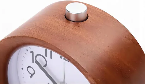 Vista 3 de Reloj despertador de madera redondo analógico sin tictac luz nocturna Snooze Marrón