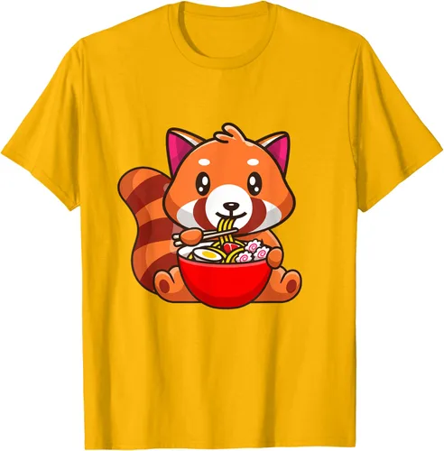 Vista 33 de Camiseta Kawaii Anime Red Panda Eating Ramen Noodles, Negro, S