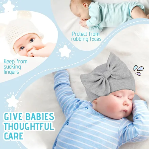 Vista 3 de Zando Gorros para bebé recién nacida con lazo grande, gorro de algodón y manoplas, gorro de invierno para niñas y niños