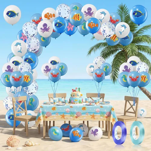 Vista 9 de Aoriher 50 globos de animales marinos para decoración de fiesta bajo el mar, fiesta de cumpleaños, globos de látex, tema oceánico para criaturas