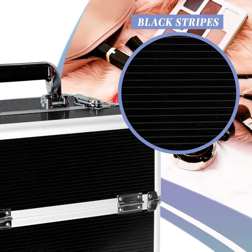 Vista 5 de Ver Beauty Organizador de maquillaje, kit de viaje cosmético, suministros para artistas de maquillaje, 2 bandejas deslizantes, caja de Rayas negras
