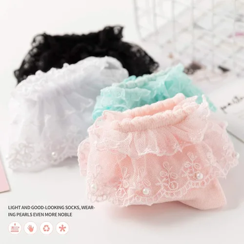 Vista 5 de SRYL Calcetines de tobillo con perlas y volantes para mujer, calcetines de algodón lindos para mujer, calcetines de encaje de princesa