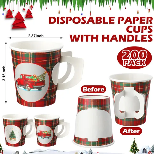 Vista 3 de 200 vasos de papel desechables de Navidad con asa, 8 onzas, búfalo, a cuadros, desechables, para café, cacao, chocolate caliente, vasos para bebidas