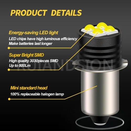 Vista 2 de Ruiandsion Bombilla LED P13.5S de 3 V 3030 4SMD Chips LED de repuesto para 2 celdas, linternas C&D, luz de trabajo no regulable (paquete de 1)