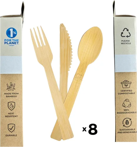 Vista 2 de Juego de cubiertos de bambú surtidos 24 unidades Utensilios compostables de 6.7 pulgadas Vajilla desechable Sin plástico Ideal para uso