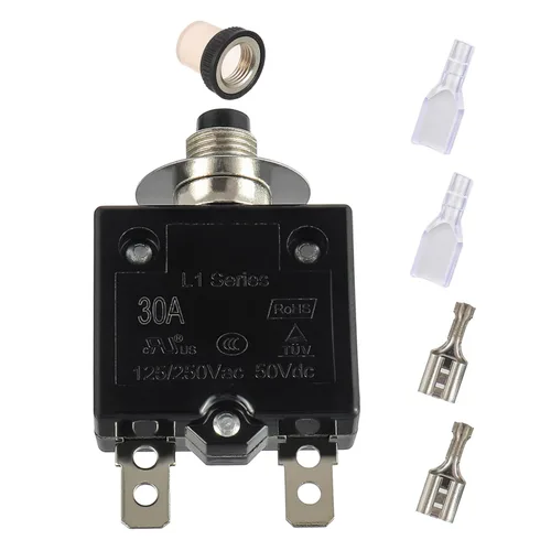 Vista 15 de Disyuntor de botón de reinicio manual 8A, 125/250 V CA, 50 V, CC, protector de sobrecarga térmica con terminales de conexión rápida y tapas de botón