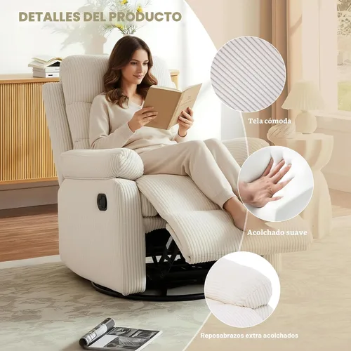 Vista 4 de Silla reclinable mecedora, moderna silla reclinable giratoria, sillón reclinable de tela de pana, sillón reclinable manual para sala de estar