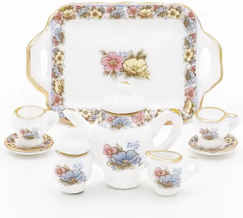 Vista 4 de Odoria Juego de té de porcelana en miniatura 1/12, 8 piezas, accesorios de decoración de casa de muñecas