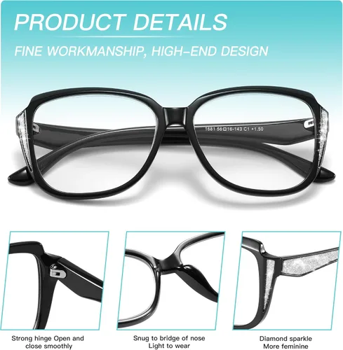 Vista 3 de Oversized Reading Glasses Cat-eye Full Frame Sun Readers for Women Black and Tortoise,Stylish Large Frame,Shiny Diamond Decors,Gray Sunglasses