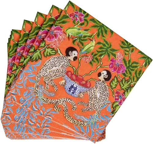 Vista 4 de Caspari Servilletas de cóctel de papel Monkeys en naranja, 20 por paquete