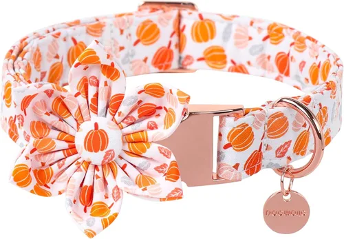 Vista 6 de DOGWONG - Collar de Acción de Gracias con Bellota y Flor para Perro, Collar de Perro de Pavo Otoñal, Collar de Calabaza de Algodón Suave y Duradero