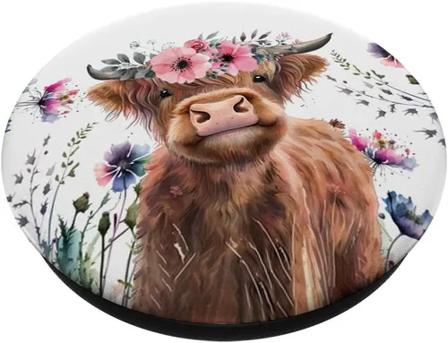 Vista 2 de PopSockets adhesivo PopGrip de vaca escocesa floral de vaca escocesa para bebé