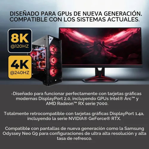 Vista 6 de OREI Cable AOC DisplayPort 2.0 8K de 50 pies - 54 Gbps, 8K a 120 Hz, 4K a