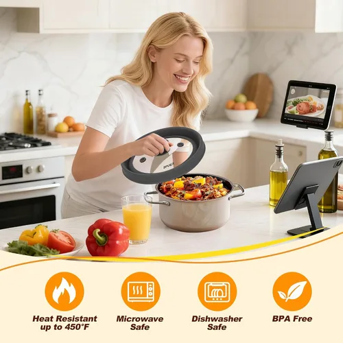 Vista 7 de FPVIER Cubierta plegable para salpicaduras de microondas - Tapa ventilada de silicona y vidrio con mango de fácil agarre, se ajusta a platos