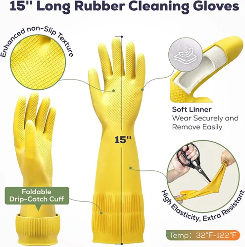 Vista 2 de FMP Brands 3/6/12/60 pares de guantes de goma extra largos de 15 pulgadas para lavar platos, antideslizantes para limpieza, cocina, baño, jardinería