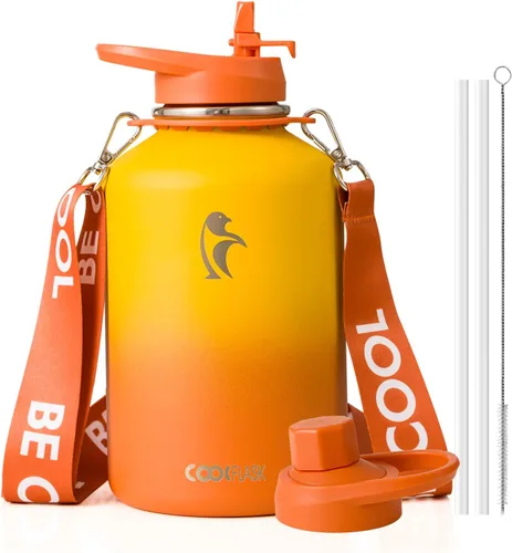 Vista 38 de Botella de agua Coolflask de 40 onzas con correa, botella de agua metálica aislada con popote y tapas con pico, acero inoxidable de doble pared al