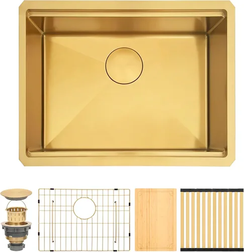 Vista 15 de Fregadero de barra dorada de 13 x 15 pulgadas, fregaderos de cocina dorados de acero inoxidable SUS304 de calibre 16 con accesorios, fregadero