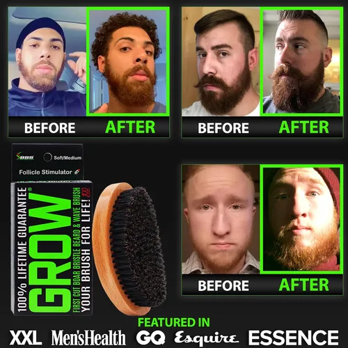 Vista 4 de GROW - Cepillo para barba y cepillo ondulado 360 para hombres, cerdas de jabalí naturales para cabello más completo y grueso, barba y bigote