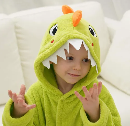 Vista 6 de Bata de baño para niños y niñas, diseño de dinosaurio de dibujos animados con cola y capucha