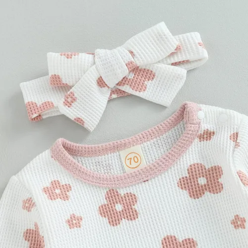 Vista 3 de Ropa de bebé recién nacida, sudadera floral de manga larga, mameluco con volantes, diadema de gofre, traje de otoño de una pieza