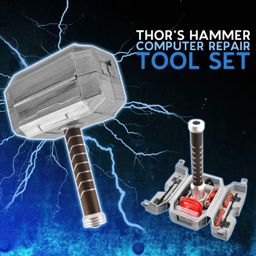 Vista 4 de Caja de herramientas, linterna y electrónica con diseño de martillo de Thor de Marvel, kit de 28 piezas con llave inglesa