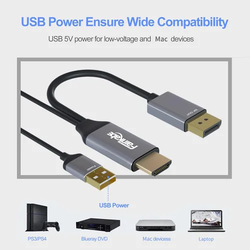 Vista 3 de fairikabe Cable HDMI activo a Displayport 4K a 60Hz [6.6FT/2M, unidireccional], adaptador convertidor de entrada HDMI a salida DP compatible