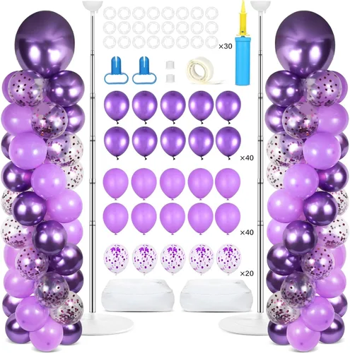 Vista 12 de Juego de 2 soportes de columna de globos plateados y blancos con 100 globos plateados con base para globos de confeti de suelo, kit de columna
