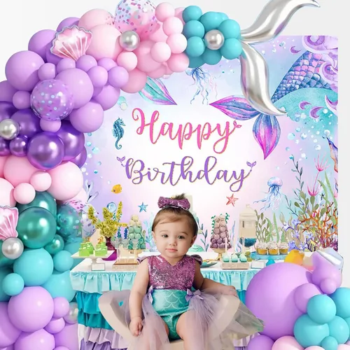 Vista 7 de Mocsicka Telón de fondo de cumpleaños de sirena de 7 x 5 pies, decoración de fantasía bajo el mar, decoración para niñas, fondo de fotografía