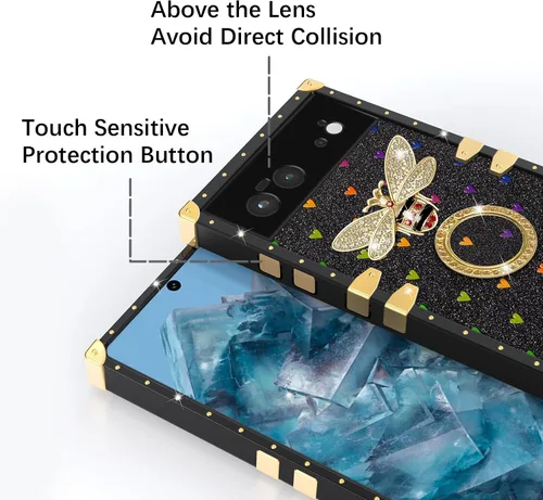 Vista 8 de nancheng Funda para Google Pixel 6 de lujo, diseño de abeja, corazón y abeja, chapado en oro, con anillo de diamante de 360°, correa de cordón