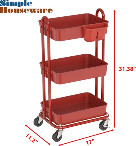 Vista 2 de Simple Houseware - Carro multiusos rodante de 3 niveles con cubos colgantes, color Rojo Almacenamiento para baño, cocina, oficina, sala