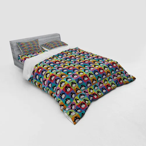Vista 2 de Ambesonne Penguin Bedding Set, Rainbow Colored Checkered Squares Pattern with Arctic Animal Cartoon Character, 4 Piece Duvet Cover Set with Shams