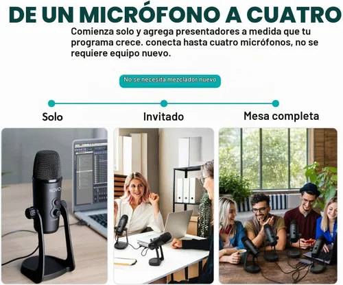 Vista 7 de Movo - Paquete de equipo de podcast USB para 4 personas, 4 micrófonos de condensador, Hub y estuche Negro