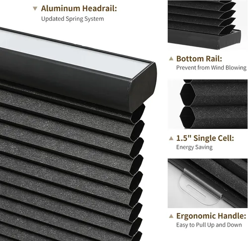 Vista 2 de Joydeco Persianas Celulares sin Cordón Opacas, Persianas de Panal Negro Opacas, Persianas Celulares sin Cordón de Parada Libre para Ventanas de Sala
