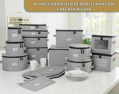 Vista 6 de Juego de 4 cajas de almacenamiento de porcelana para vajilla – Carcasa rígida y apilable – Tamaños: 12 – 10 – 8.5 pulgadas y 7 pulgadas de ancho