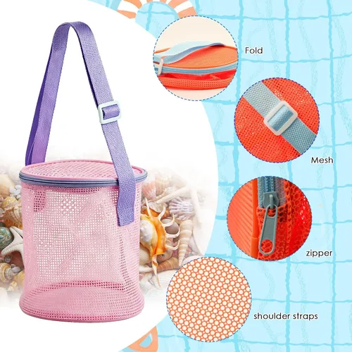 Vista 2 de 4 bolsas plegables de almacenamiento de juguetes, bolsas de conchas marinas de gran capacidad para la playa, bolsa de almacenamiento portátil