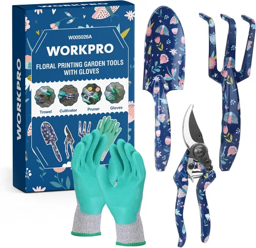 Vista 10 de WORKPRO Juego de herramientas de jardín de aluminio, 4 piezas de herramientas de jardín de mano resistentes con caja que incluye paleta, rastrillo
