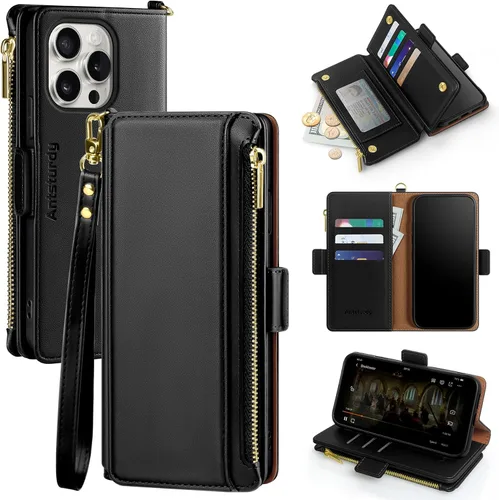 Vista 8 de Antsturdy Compatible con iPhone 15 Pro Max Funda Cartera para Mujeres【Bloqueo RFID】Funda de Teléfono Cruzada de Cuero PU con Cremallera y Correa
