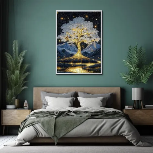 Vista 5 de Rompecabezas de árbol de la vida dorado para adultos de 1000 piezas, rompecabezas de paisaje de árbol brillante de fantasía con montañas de cielo